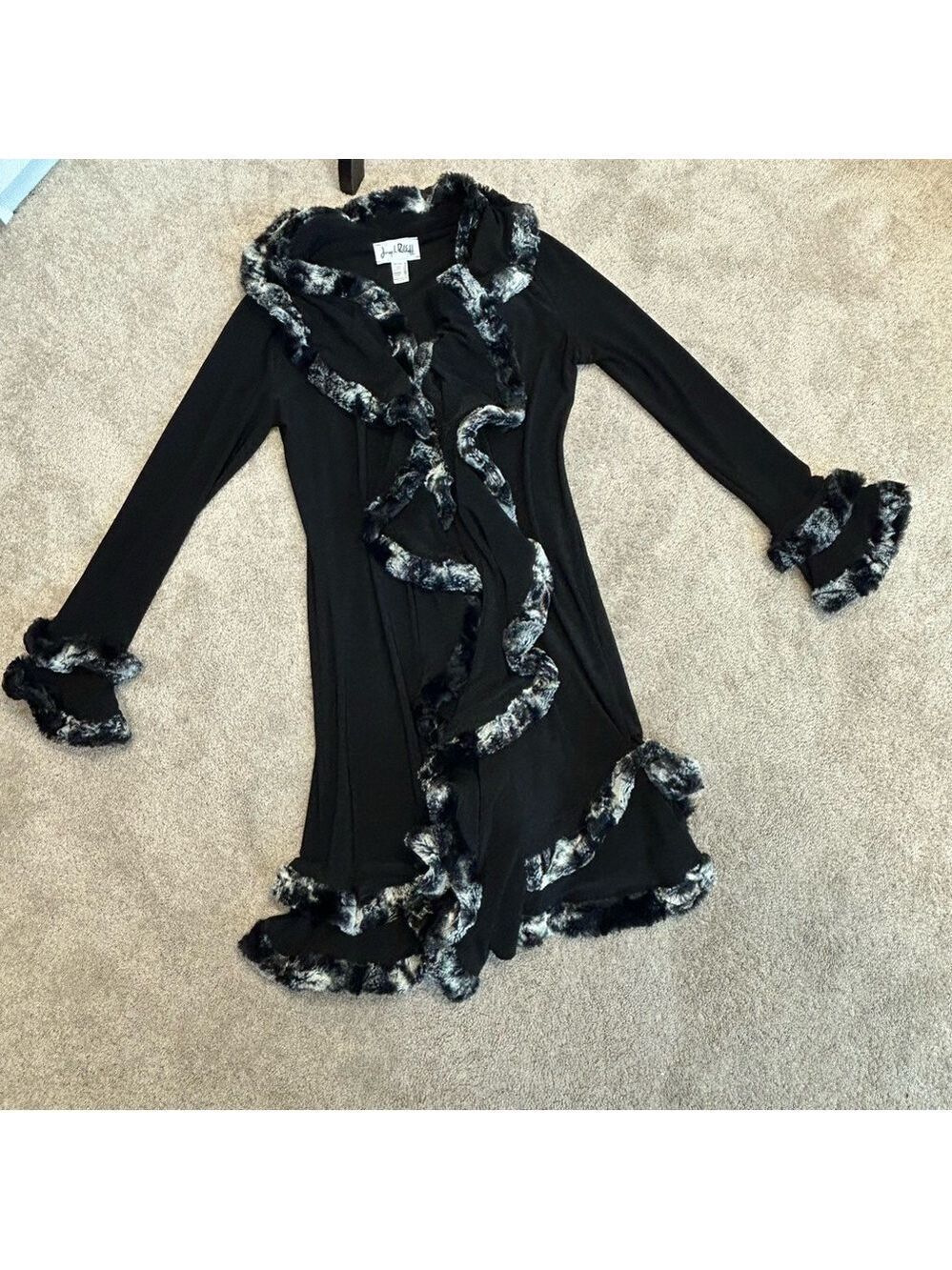 Joseph Ribkoff black ruffle faux fur trim duster cardigan Sz 6 open front - Picture 9 of 14